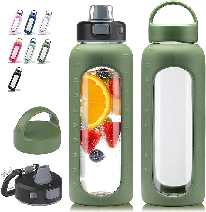 Kodrine Glass Water Bottle 32 oz-Olive/Borosilicate Glass Motivational Water Bottle with Straw and 2 Lids,Silicone Sleeve,Time Marker,Dishwasher Safe and BPA Free for Travel,Sports