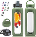 Kodrine Glass Water Bottle 32 oz-Olive/Borosilicate Glass Motivational Water Bottle with Straw and 2 Lids,Silicone Sleeve,Time Marker,Dishwasher Safe and BPA Free for Travel,Sports