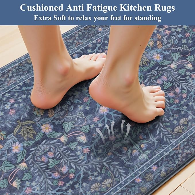 U'Artlines Double-Sided Kitchen Rugs Set of 2,Kitchen Anti Fatigue Mats Non Slip Padded Floor Standing Desk Mat,PVC Waterproof & Stain Resistant Carpet Blue Floral Rugs for Laundry Room Office Sink