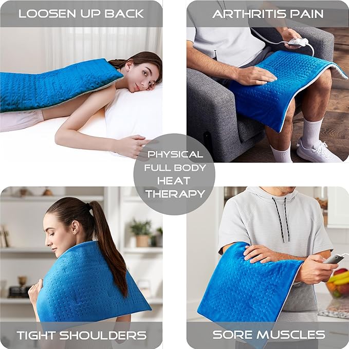 Boncare® Large Heating Pad for Back Pain Relief and Cramps with Auto Shut Off & 4 Temperature Settings, Fast Heat up Instant Comfort and Ultra Soft Velvet Plush Machine Washable (Blue, 12"x24")