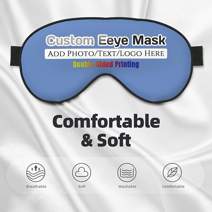 Personalized Eye Mask Add Picture Text Image Logo Custom Travel Sleeping Masks for Home Office Customized Sleep Mask for Men Women Blocks Light Adjustable Strap Carolina Blue