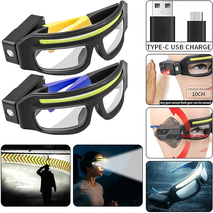 LED Glasses Rechargeable Headlight with Motion Sensor and Touch Control, 5 Modes USB C Lighted Glasses for Running Camping, Fishing, Cycling, Hiking, Hands-Free Lighting (Yellow)