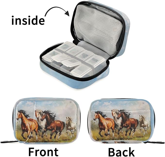 Fustylead Horses Galloping on The Grassland Oil Painting Pill Organizer Case with Zipper 2 Times A Day for Vitamin and Supplement, 7 Day Travel Organizer Medicine Case