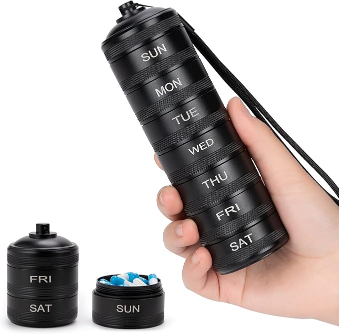 Metal Travel Pill Organizer Weekly – Waterproof Aluminum Alloy 7 Day Pill Box, Large Compartments for Vitamins, Medicine, Supplements & Fish Oil, Portable Daily Pill Case Medication Container