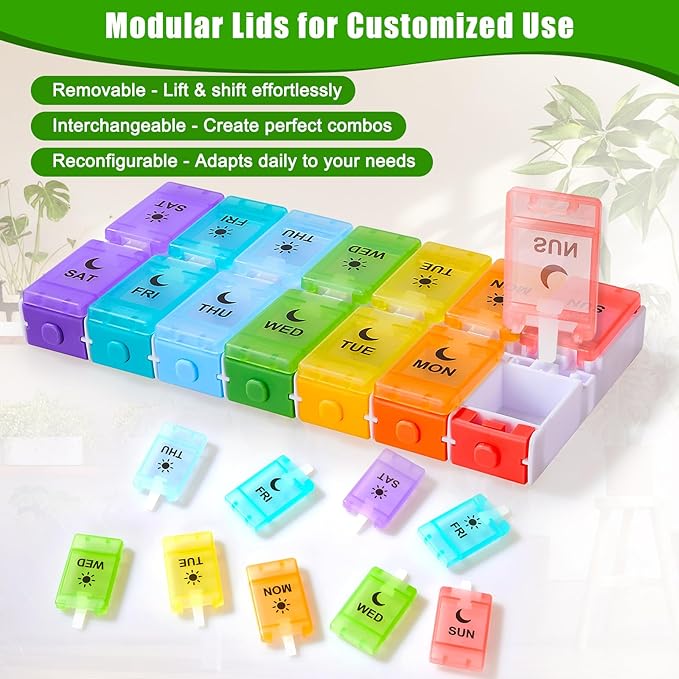 Weekly Pill Organizer 2 Times a Day, Large Pill Box 7 Day with Big AM/PM Compartments for Easy Filling, Push Button Pill Container Travel Pill Case Holder Dispenser for Supplement (Rainbow)