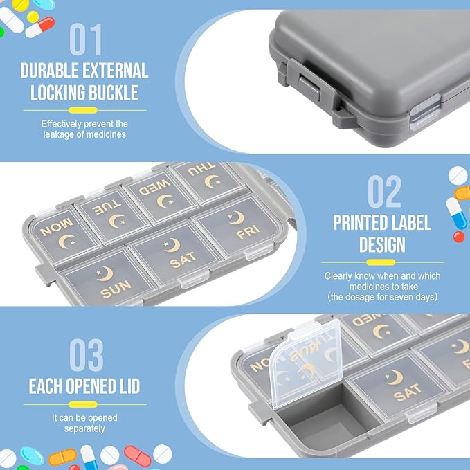 2 Pack Foldable Weekly Pill Organizer 2 Times a Day Week with Etched Labels Portable Am Pm 7 Day Medicine Box Kit Daily Travel Pill Case Dispenser for Vitamin Fish Oil Supplement Storage