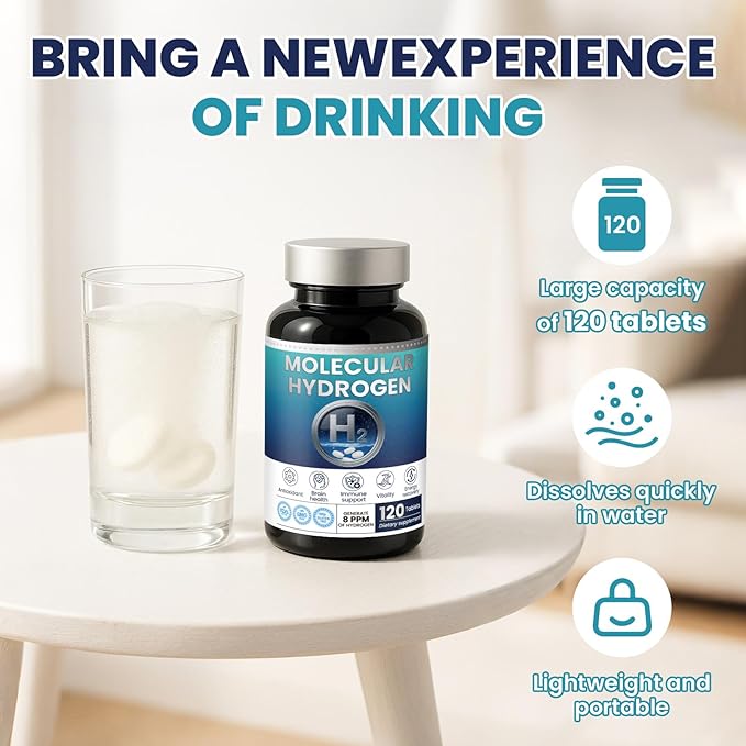 Hydrogen Water Tablets H2 Molecular 120 Tablets with Magnesium Supplement for Brain Health Cognition Function Cellular Energy Boost Antioxidant Promote Metabolism Non-GMO Gluten Free