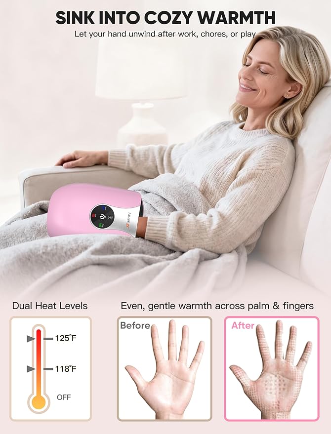 Hand Massager with Heat and Compression : Cordless Heated Hand and Wrist Massager for Palm, Fingers, and Comfort Relief – 4 Modes 6 Intensities, Portable Rechargeable, Wife Husband (Pink)