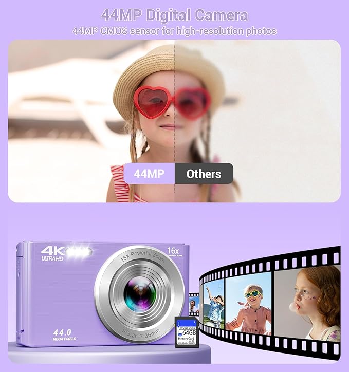 Digital Camera, 2026 Upgraded FHD 4K Camera Digital with 16X Zoom, Small Portable Camera with 64GB Memory Card 2 Batteries, Compact Travel Digital Camera for Beginners Students Boys Girls