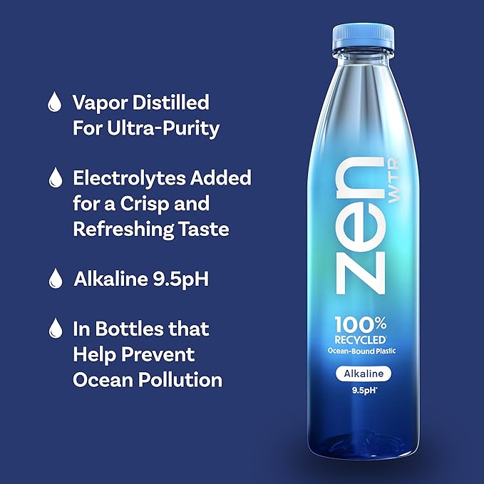 ZenWTR Ultra-Pure, Vapor Distilled Water, 1 Liter (Pack of 12) Bottled Water, 9.5 pH Alkaline Water with Electrolytes for a Crisp, Refreshing Taste