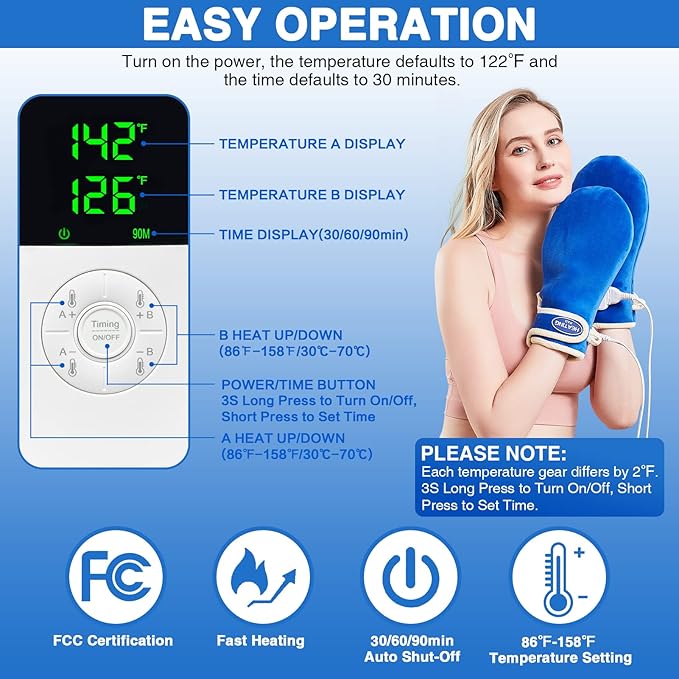JOBYNA Heating Pad for Hands & Wrists, 2 PCS Hand Heated Mittens for Carpal Tunnel Relief, Arthritis Hands, Trigger Finger, Heated Gloves with 30/60/90min Timer, 86-158℉ Adjustable Temperature