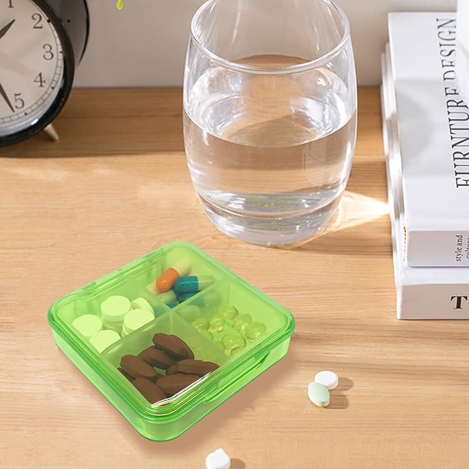 Pill Case for Pocket Travel Pill Organizer Small Pill Box Portable 4 Compartments Removable Medicine Organizer for Vitamin Fish Oil (Grass Green)