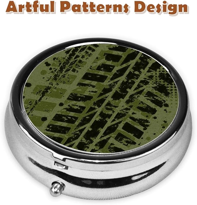 Metal Pill Organizer - 3-Compartment Mini Round Pill Case for Pocket & Purse, Portable Vitamin Holder, Easy-Open Design for Travel - Tire Marks