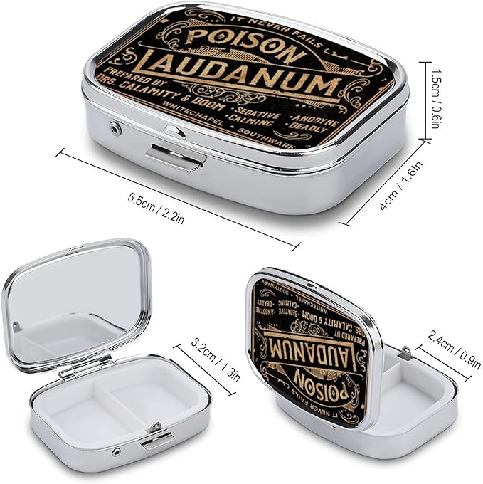 Metal 2 Compartment Pill Organizer Travel Friendly Portable Compact Pill Box Cute Pill Case to Hold Vitamins/Fish Oil/Supplements/Meds/Tablet for Purse/Pocket (Poison Laudanum)