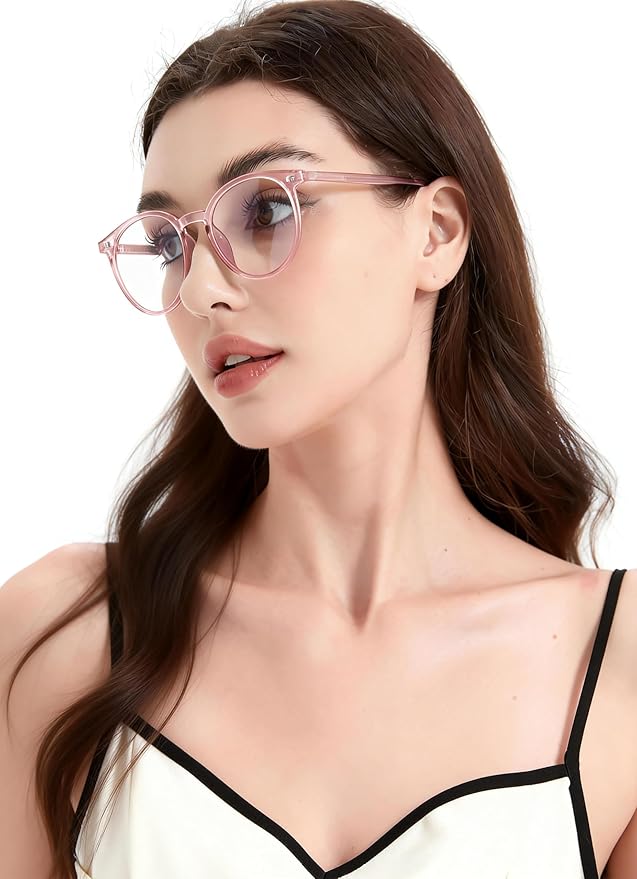 Blue Light Blocking Glasses for Women and Men, Round Frame Computer Gaming Anti Eyestrain & UV Glare RF6213 (Flesh Pink)