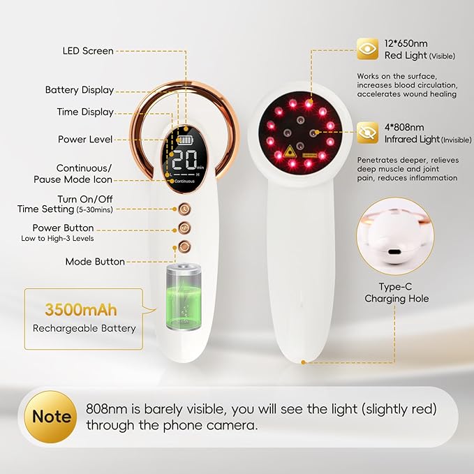 4x808nm+12x650nm, 3500mAh Battery, 4Hz pulsed Near Infrared Red Light Therapy Treatment for Body Pain Relief, Handheld Cold Light Therapy Device for Dogs Cats Horse Pets