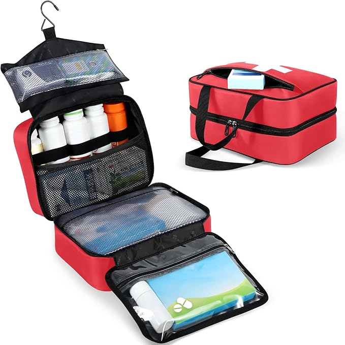 Naanle Pill Organizer Bag Travel Pill Bottle Medicine Organizer Home Storage Medication Bag for Vitamin Supplements, White Cross Red Empty First Aid Bag for Car Camping, 1.0 Count
