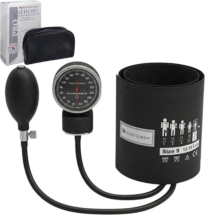 Henry Schein Prosphyg Aneroid Sphygmomanometer – Size 9 (5.1"–7.6") Black Cuff, Manual Blood Pressure Monitor, Reusable, Dial Display, Latex-Free, Includes Leatherette Carrying Case – 1 Each