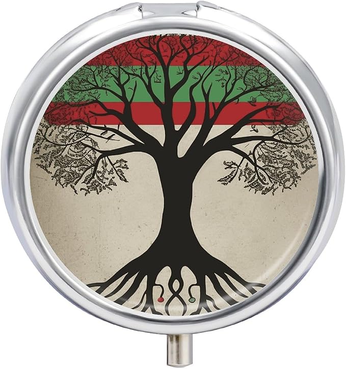 Tree of Life Palestinian Flag Pill Box Travel Pill Case for Purse Pocket Weekly Medicine Organizer with Mirror 3 Compartment Round Medicine Case Portable PillcaseHolder for Daily