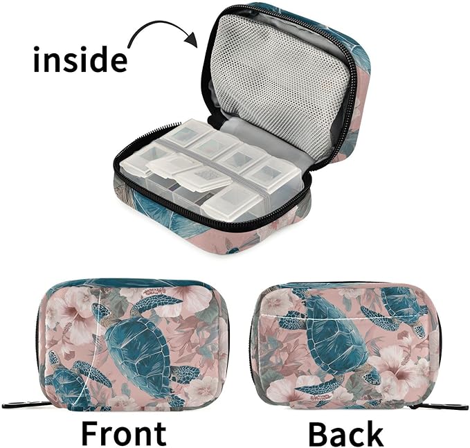 Pink Sea Turtles and Hibiscus Travel Pill Organizer Case Box Container Weekly Portable Vitamin Medicine Holder Storage Bag with Zipper Removable