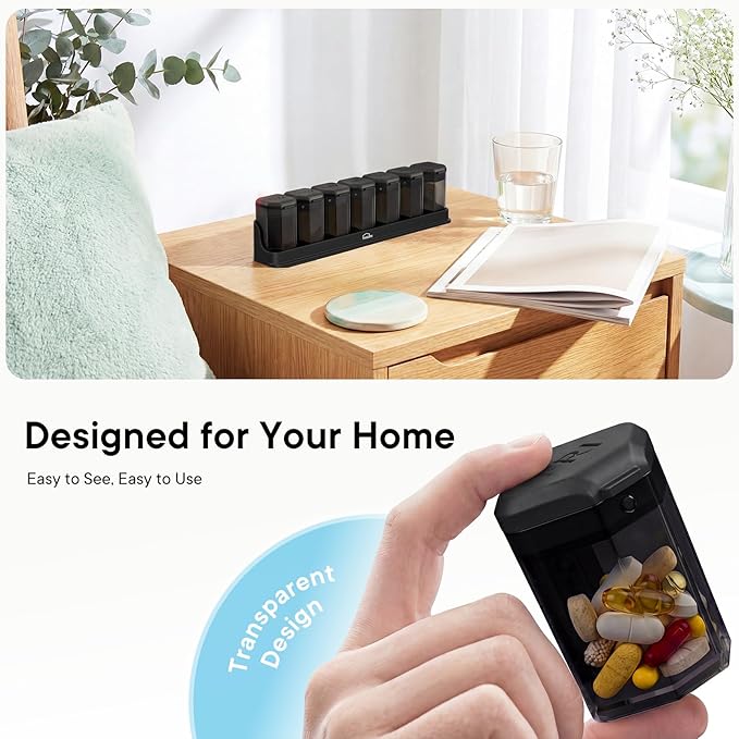 Large Weekly Pill Organizer 1 Time a Day, BPA-Free Pill Dispenser, 7 Day Pill Box with Silicone Lids & Coded Compartments, Spill Proof Travel Case for Vitamins, Seniors & Daily Medication, Black
