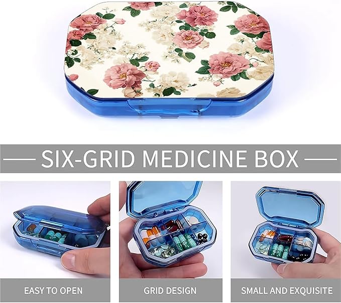 This Portable Vintage Rose Floral Pattern 6-Compartment Pillbox Can Be Placed in A Pocket Or Wallet to Store Vitamins, Medicines Fish Oil Health Supplements Other Medications.