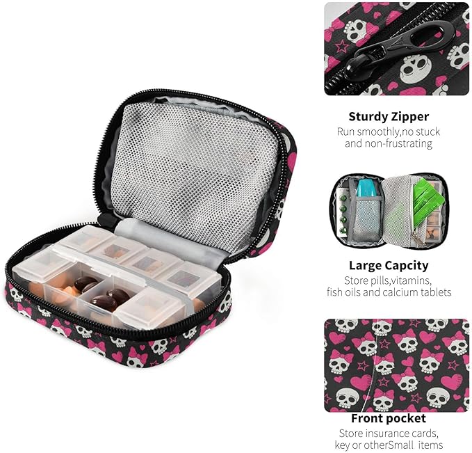 Travel Pill Organizer Bag Weekly Pill Organizer Case Pink Hearts and Skulls Portable Small Daily Pill Boxes for Vitamin Fish Oils Supplement Holder with Zipper Compact Size