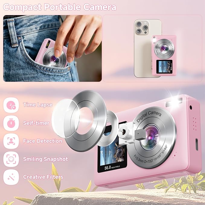 Digital Camera, 56MP 2.7K Dual-Screen Selfie Camera with 16X Zoom, 20 Filters & Anti-Shake, Portable Point and Shoot Digital Cameras with 32GB Card, Compact Travel Cameras for Beginners Teens Kids