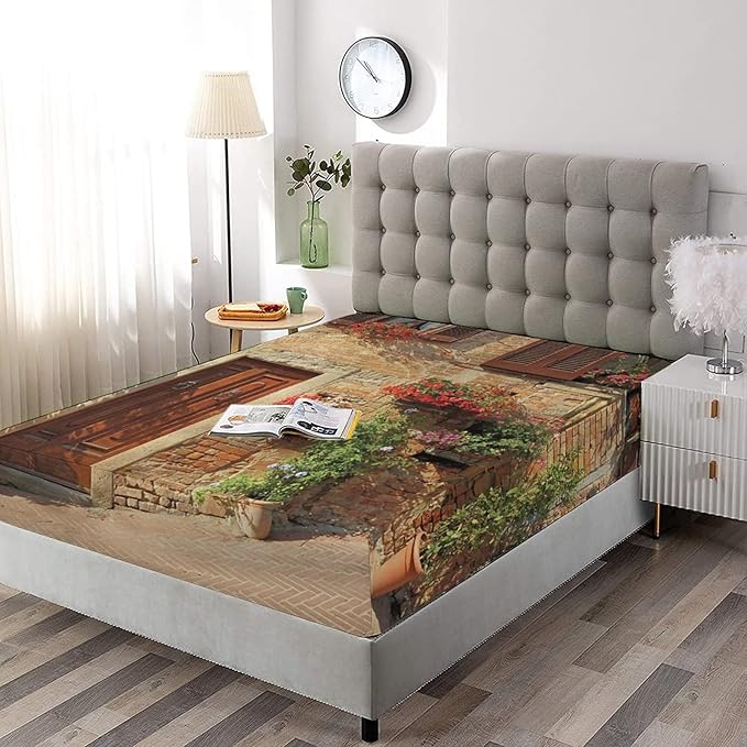 Decorative Bedding Sheet Set Queen Size, Tuscan Deep Pockets Fitted Sheet & 2 Pillow Sham Set(No Flat Sheet), Mediterranean Architecture Print Microfiber 3pc Bed Sheets Set, for Women & Men Bedding