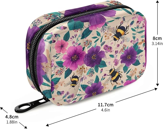 Beige Bees and Colorful Flowers Travel Pill Organizer Case Box Container Weekly Portable Vitamin Medicine Holder Storage Bag with Zipper Removable