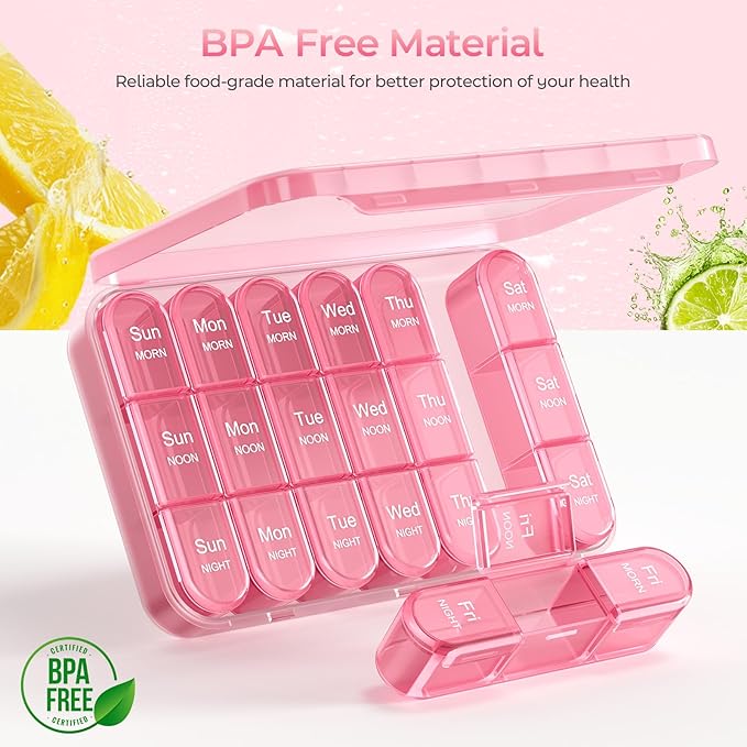 Daviky Pill Organizer 3X a Day, Weekly Pill Box 7 Day, Travel Pill Case with Large Containers, 3 Times Medcine Organizer for Vitamins, Medication, Supplements and Fish Oils (Pink)