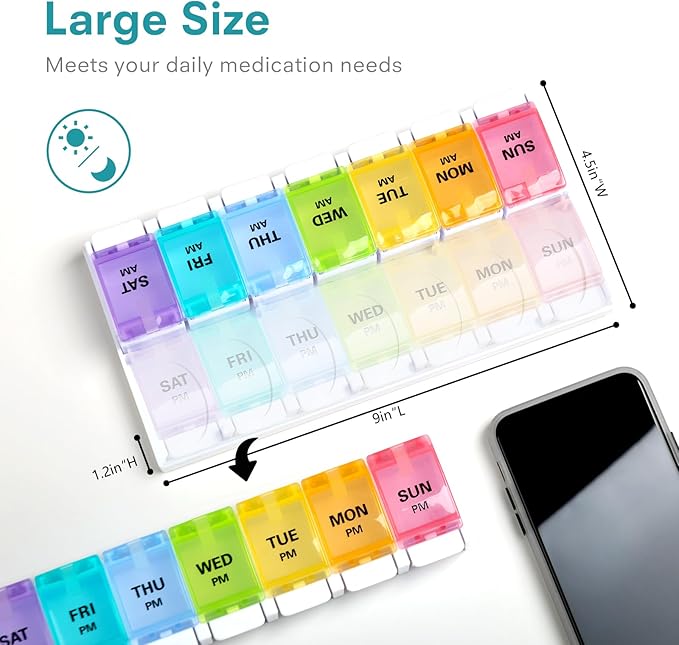 Sukuos AM PM Weekly 7 Day Pill Organizer, 2 Times A Day Pill Box with Arthritis Friendly Push Button, Medicine Cases for Vitamin/Fish Oil/Supplements, Easy to Clean (Cyan&Blue)