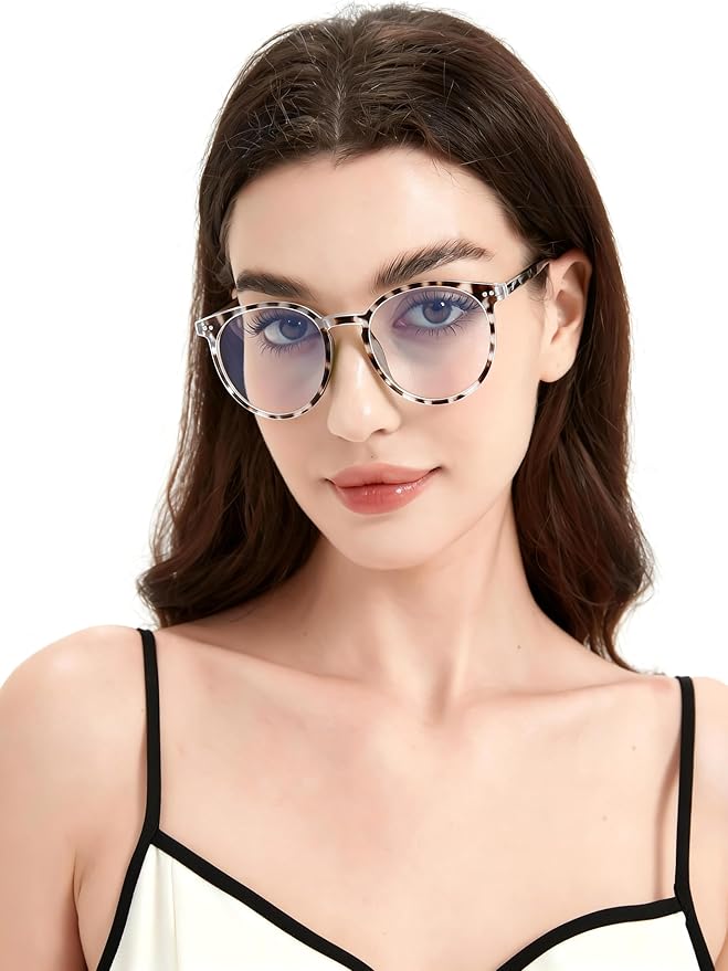 Blue Light Blocking Glasses for Women and Men, Round Frame Computer Gaming Anti Eyestrain & UV Glare RF6213 (Leopard)