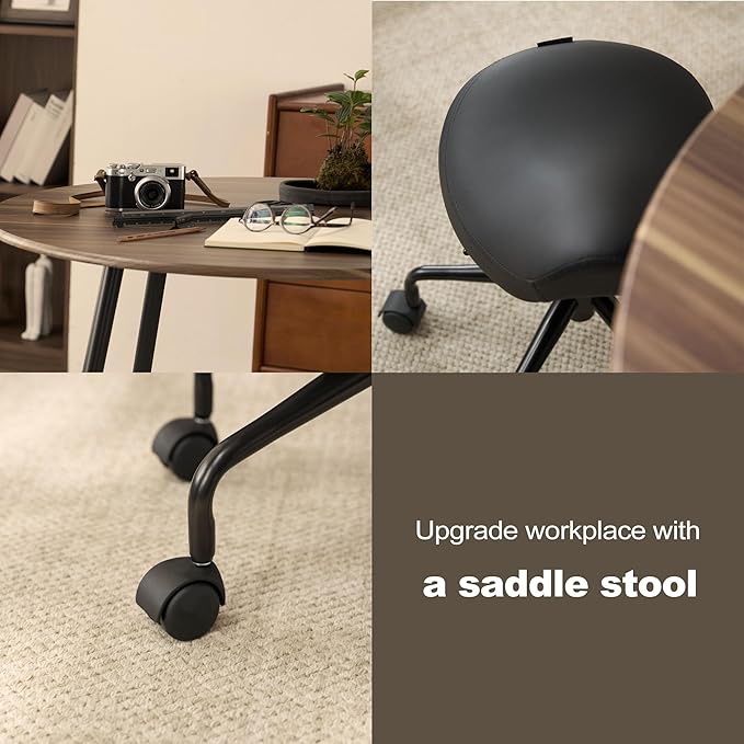 Adjustable Height Hydraulic Rolling Swivel Stool Chair with Metal Base and Faux Leather Cushion for Salon, Medical, Office and Home, 503 Kai Series - Saddle Seat, Black