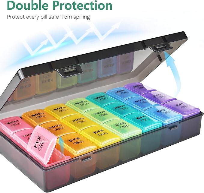 Large Weekly Pill Organizer 3 Times a Day, MOLN HYMY Dual Protection 7 Day Pill Box, Travel Friendly Portable Daily Pill Containers for Vitamins/Medication/Fish Oils/Supplements (Multicolor)