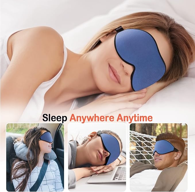 Sleep Mask (Black) + Eye Mask Sleeping (Blue) for Women Men Side Sleeper, Light Blocking 3D Contoured Cup Sleeping Mask, Soft Breathable Sleep Eye Mask with Adjustable Elastic Strap