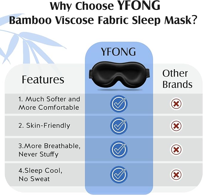 YFONG Sleep Mask for Lash Extensions, Bamboo Viscose & 100% Blackout Eye Mask for Sleeping Women Men, Soft 3D Contoured Zero Eye Pressure Blindfold for Travel, Breathable & Adjustable Eye Cover, Black