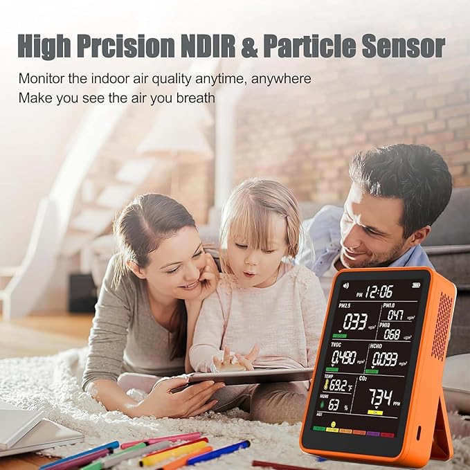 Professional Indoor Air Quality Monitor with AQI Beep Alarms, Portable Real-Time Detector for Home Cars Plants and Pets (Orange)