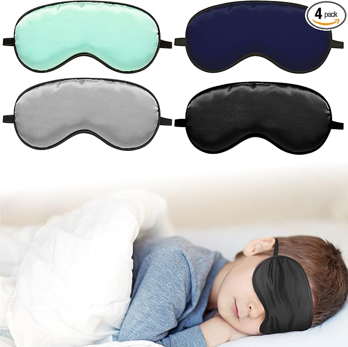 Sintege 4 Pcs Silk Eye Mask for Sleeping Kids Soft Eye Cover with Adjustable Strap Blindfold for Kids Boys Girls Christmas Travel Gift Nap Shade Blocking Light(Black, Gray, Blue, Green)