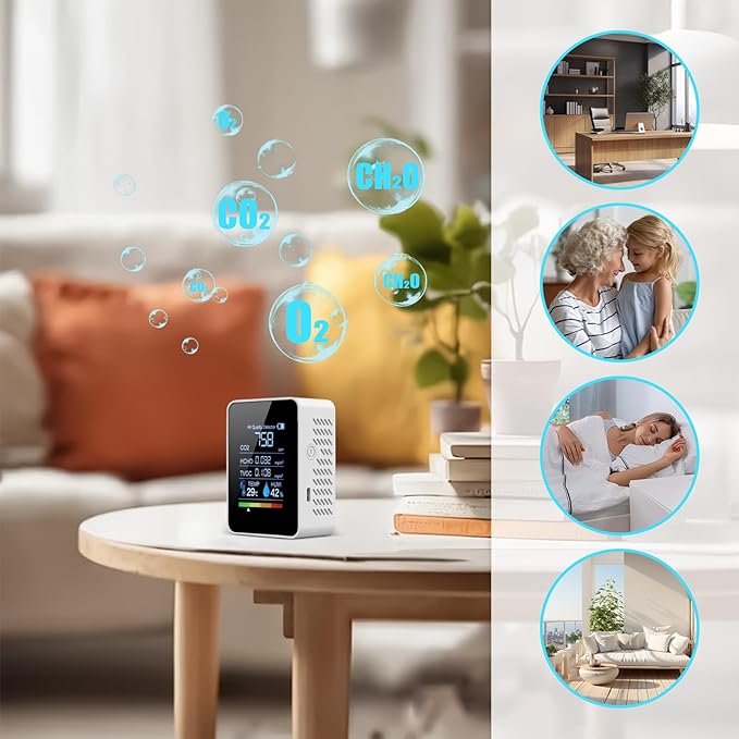 Indoor Air Quality Monitor Formaldehyde Detector Multi-Parameter Detection Real-time Monitoring Visual Data Display for Safety Detection Testing Monitoring Grow Tents Bedroom Carbon Dioxide Home