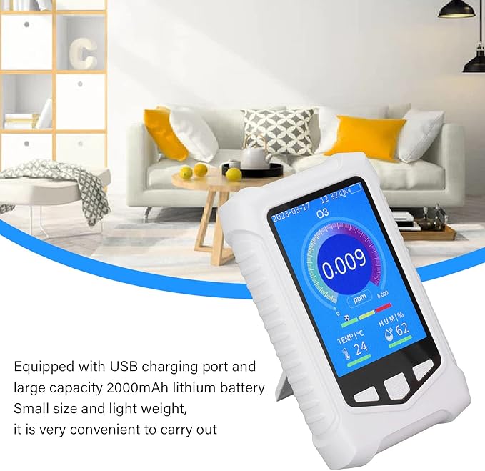 Ozone Meter Detector, Portable Handheld Colorful USB Charging Sensitive Air Quality Pollution Monitor Built in Electrochemical Sensors, Temperature and Humidity Sensors