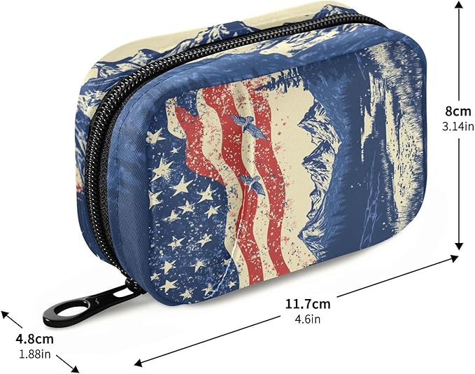 July 4th Flags Mountains Blue Travel Pill Organizer Case Box Container Weekly Portable Vitamin Medicine Holder Storage Bag with Zipper Removable