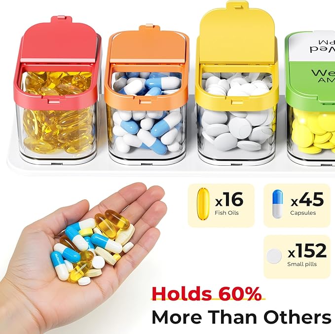 Odaro Extra Large Weekly Pill Organizer, XL Pill Box 7 Day AM PM, Jumbo Medicine Organizer 2 Times A Day to Hold Daily Medicine, Vitamins, and Supplements, Rainbow & Pink/White (Set of Two)