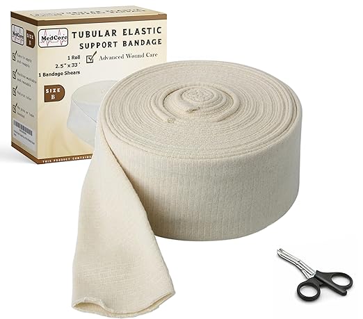 Tubular Compression Bandage Size B (2.5” x 33 ft) – Elastic Stockinette Support Sleeve for Small Knee, Elbow, Forearm, Calves, Full Arm – Cut-to-Fit, Washable Reusable, No Tape – Plus Medical Scissors