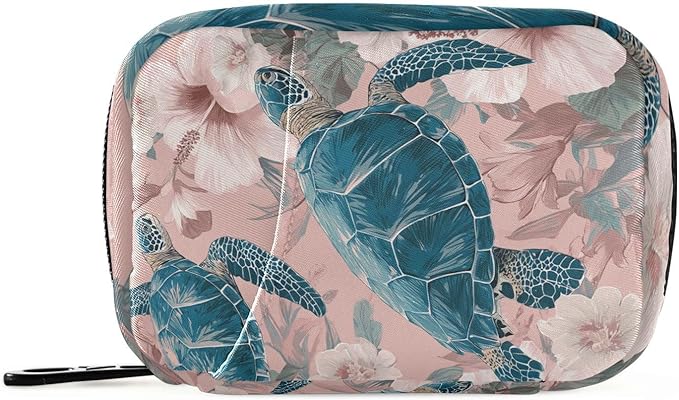 Pink Sea Turtles and Hibiscus Travel Pill Organizer Case Box Container Weekly Portable Vitamin Medicine Holder Storage Bag with Zipper Removable