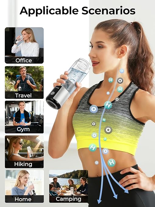 Hydrogen Water Bottle, Up to 6000ppb | Hang & Go Portable Hydrogen Water Bottle Generator with SPE/PEM Technology, Leak-Proof Design for Home, Office, Travel, Hiking, Sports & Outdoor Activities