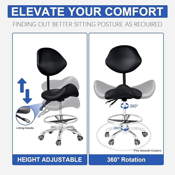 Saddle Stool with Adjustable Backrest and Footrest, Hydraulic Height Swivel Saddle Chair Ergonomic Rolling Stool with Wheels, Heavy Duty SaddleChair for Beauty Salon Spa Dentist tattooshop (Black)