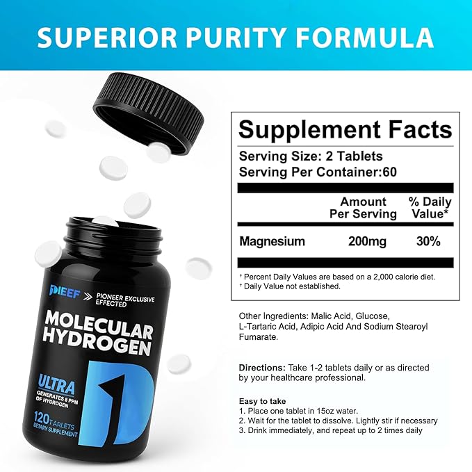 Hydrogen Water Tablets, 120 Tablets Fast-Dissolving H2 Molecular Hydrogen with Magnesium Supplements, Supports Brain Health, Energy and Cognitive Function, Non-GMO, Gluten-Free & Vegan