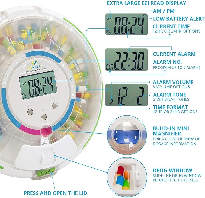 EziMedPil Automatic Pill Dispenser w/Audio & Visual Alerts, up to 6 Alarms/day, 6 Dosage Templates, Easy-Read LCD Display, Lock Medication Dispenser w/Key for Prescriptions, Vitamins & More, Clear Lid