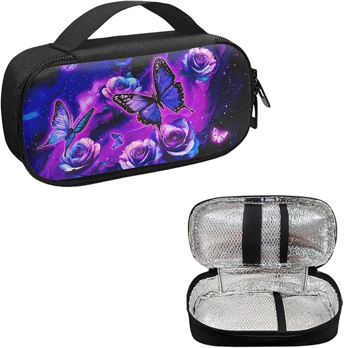 Purple Butterfly Roses Insulin Cooler Travel Case Insulated Glucose Meter and Diabetic Supplies Storage Carrying Bag for Needles, Infusion Sets, Insulin Cartridges, Tester Strips